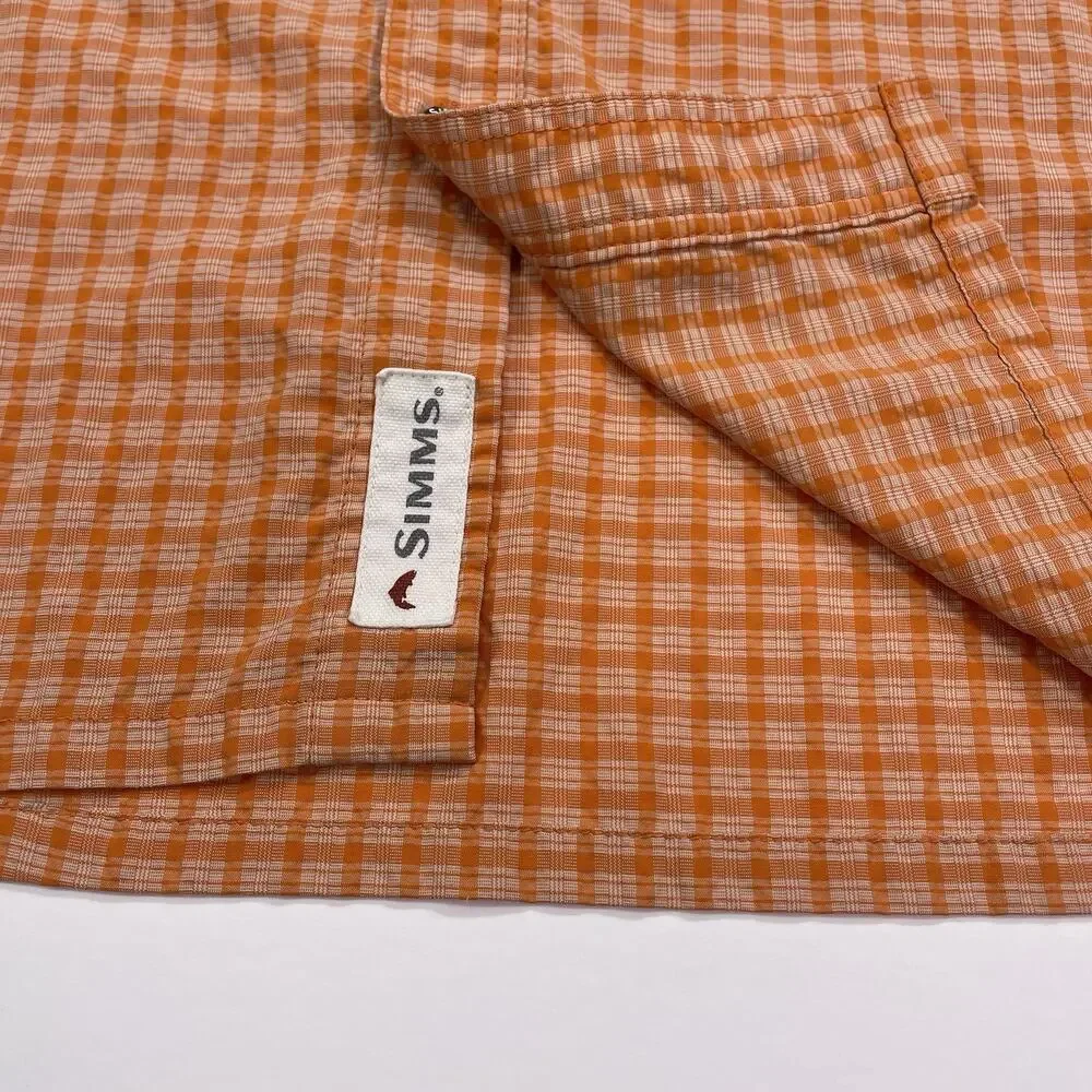 Simms Performance Shirt Mens Medium Orange Plaid Long Sleeve Fishing Outdoors
